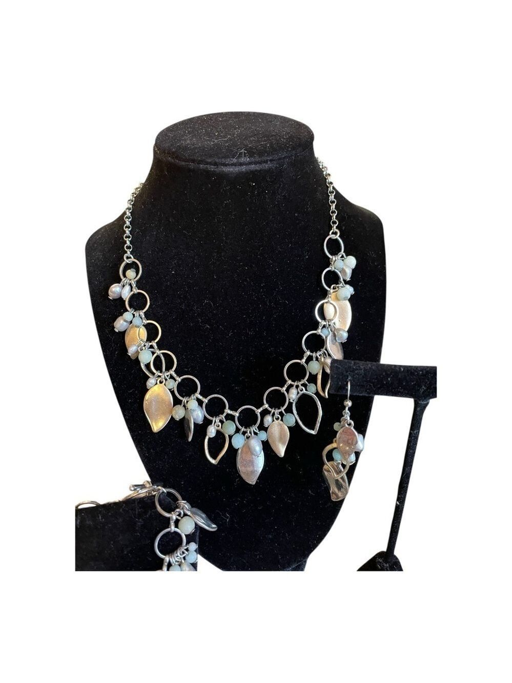 White House Black Market Silver Leaf Necklace, Earrings & Bracelet Set Floral